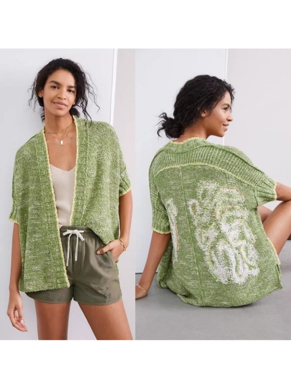 Anthropologie Daily Practice Palm Frond Cardigan Green Cotton Blend Size M/L